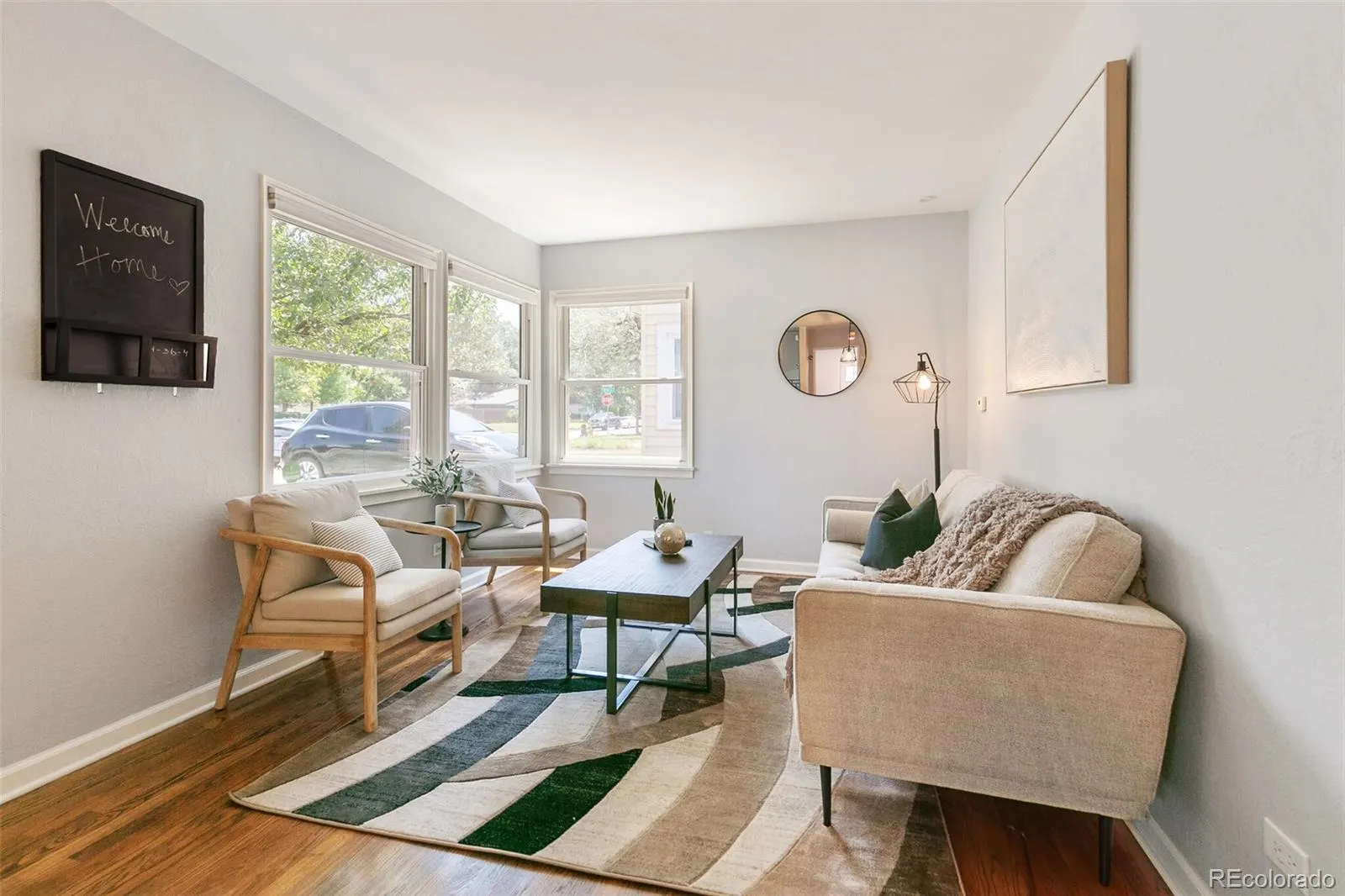 Living room with refinished oak floors