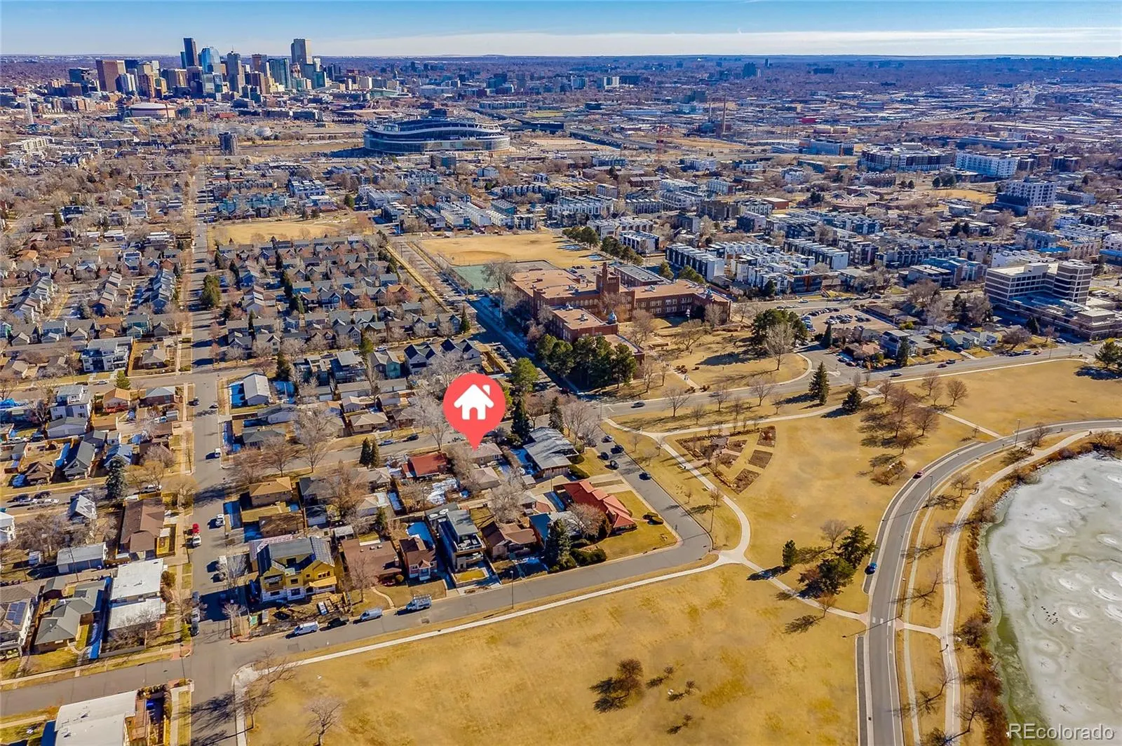 Aerial view toward the downtown Denver skyline