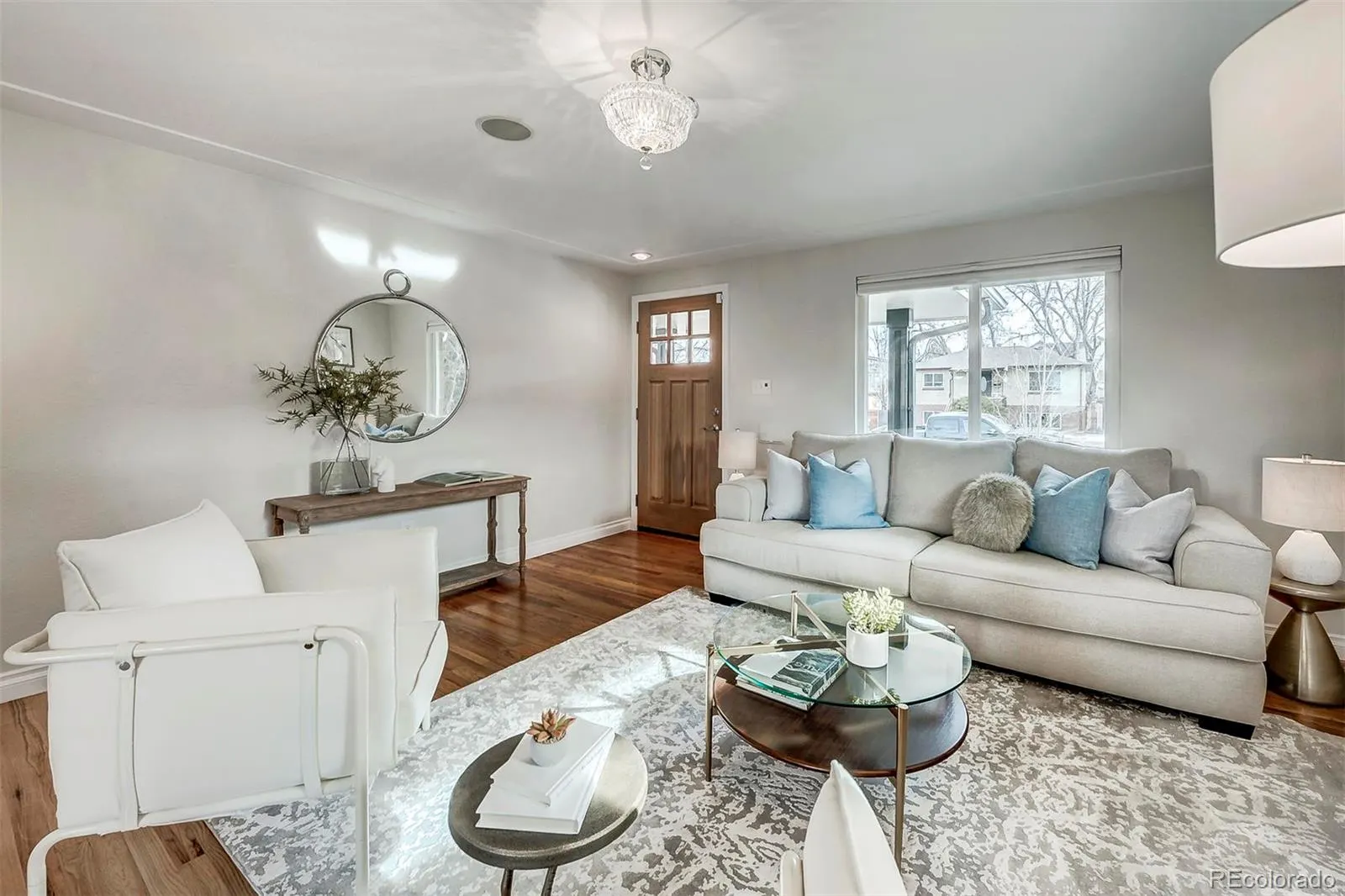 Living room with front entry