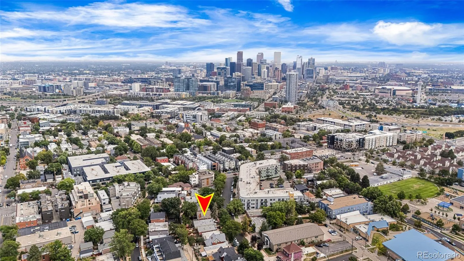 Highland & LoHi — Aerial view from Highland toward the downtown Denver skyline