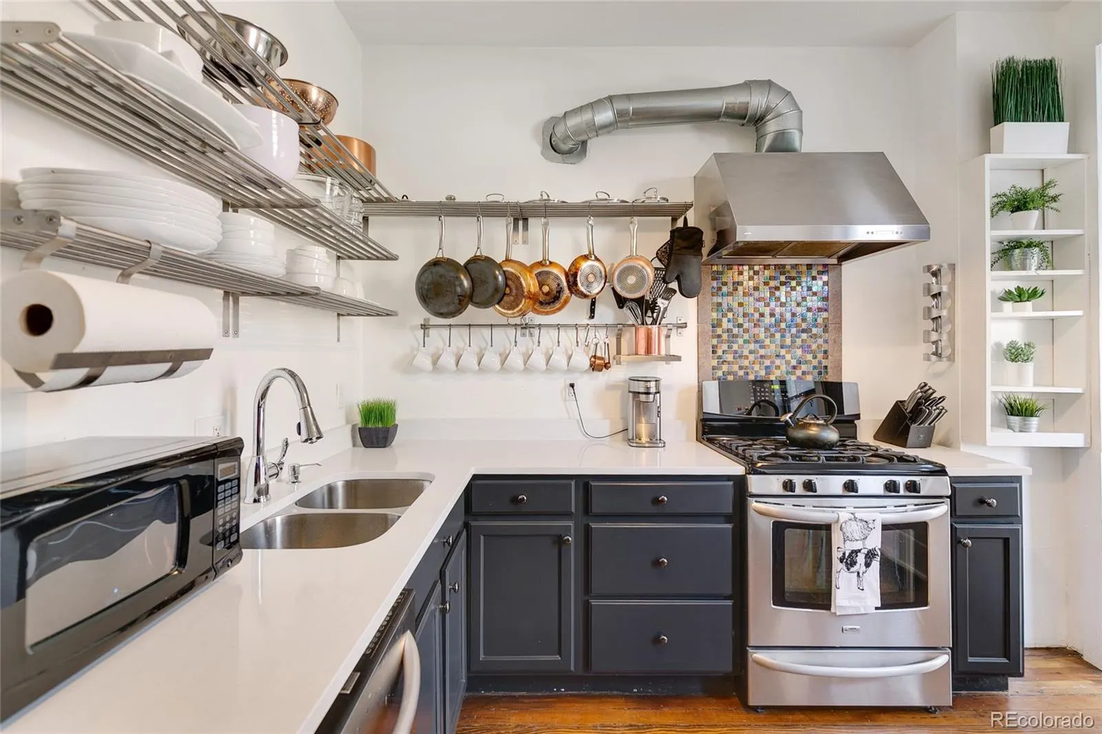 Kitchen with gas range and open shelving