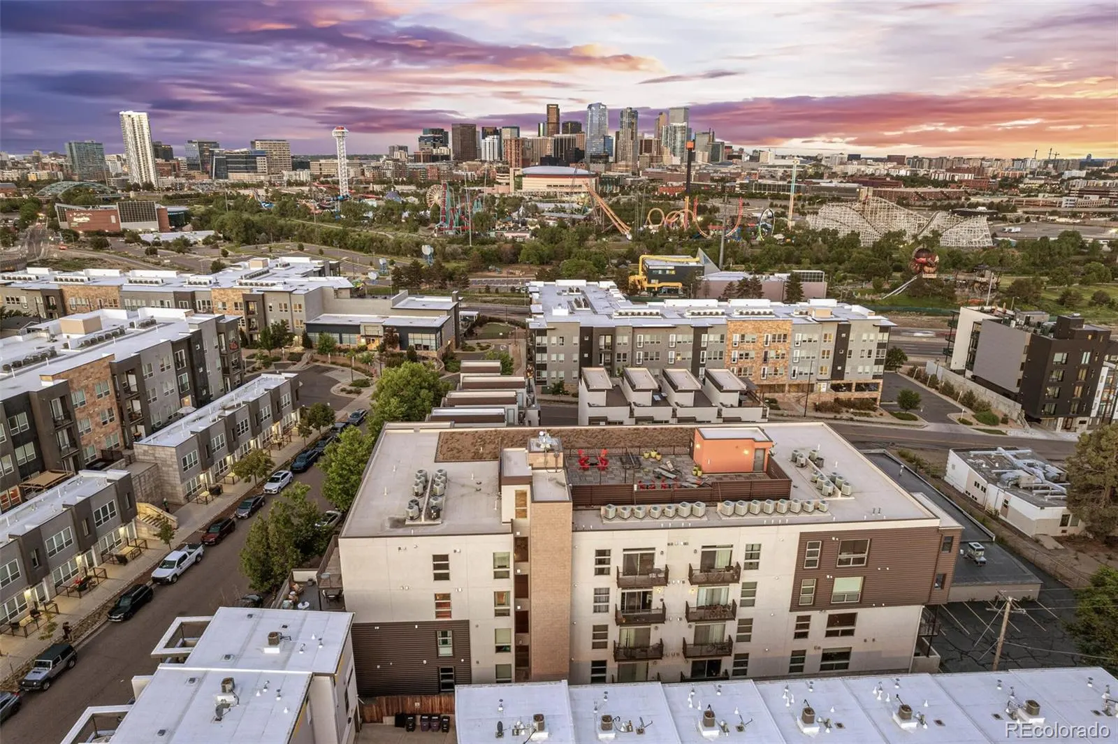 Jefferson Park — Aerial view over Jefferson Park toward the downtown Denver skyline at sunset