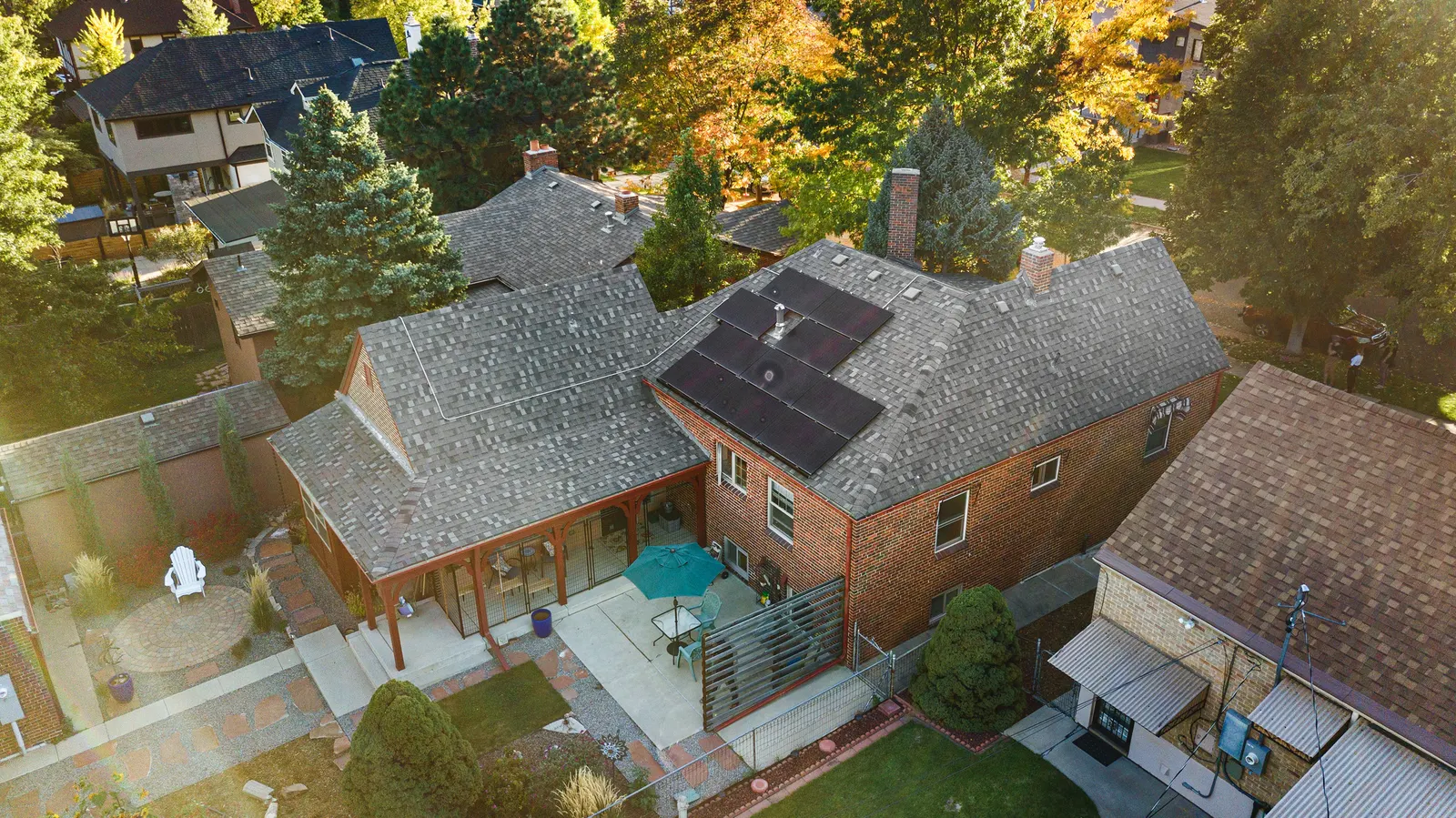 Overhead view of the roof, solar array and rear brick outbuilding