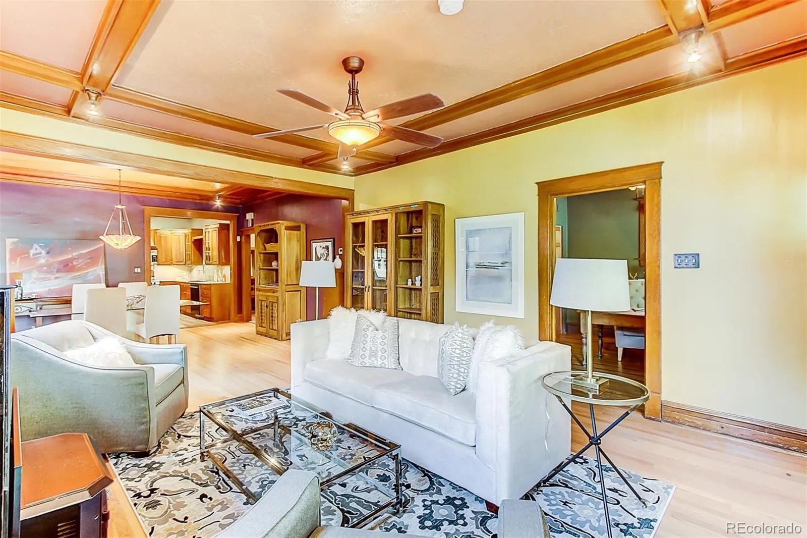 Grand room with beamed ceiling