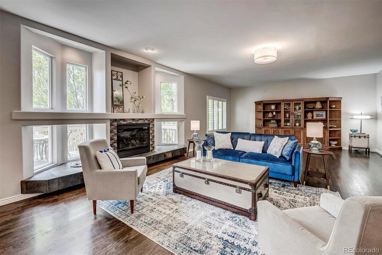 Family room with fireplace and built-ins